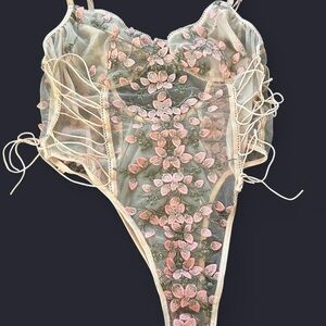 Elegant Floral Embroidered Shapewear Bodysuit - Pink and Cream